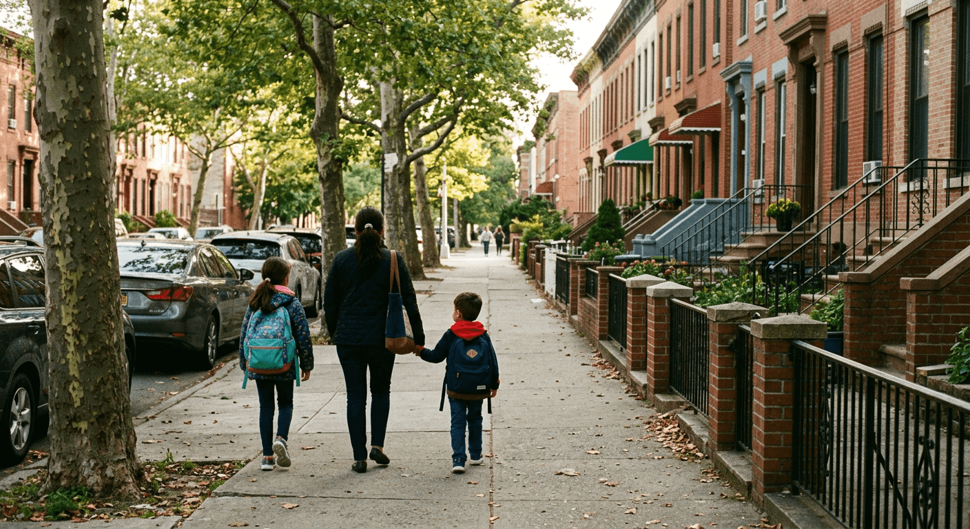 A parent walking two school-age children down a tree-lined Bronx residential street