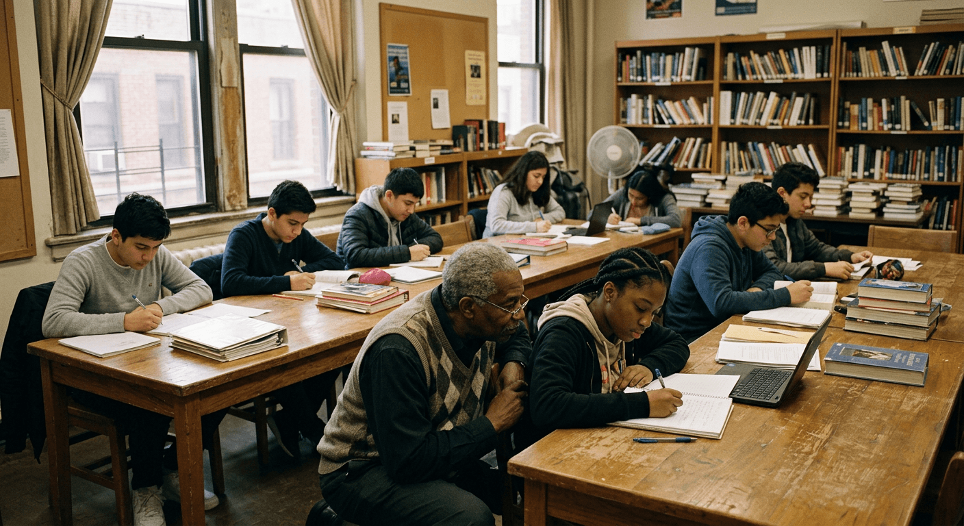 Teenagers studying at wooden tables while a volunteer mentor helps a student